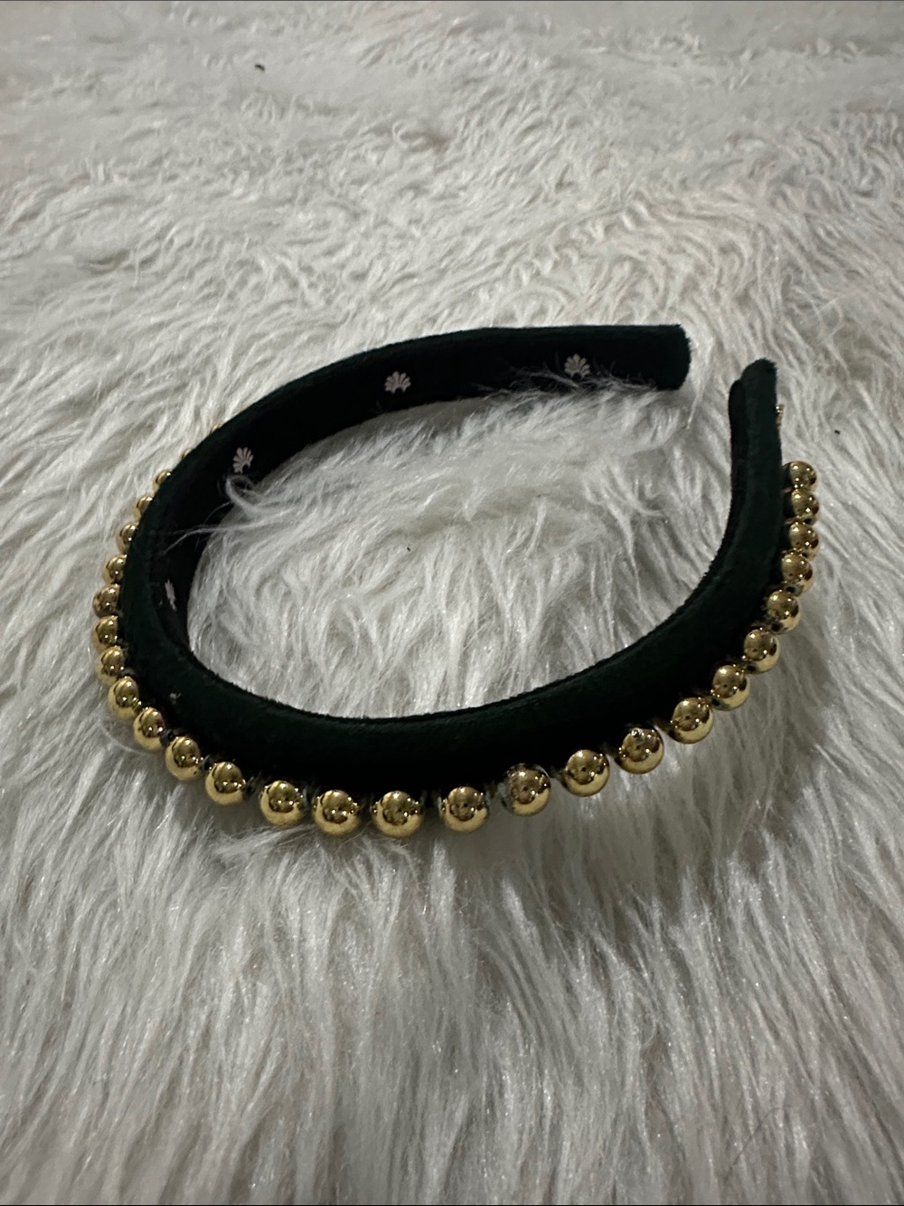 Lele Sadoughi Emerald Green Velvet Headband with Gold Bead Trim - Picture 5 of 5